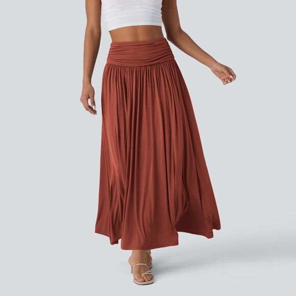 Halara | NWT High Waisted Ruched Flowy Maxi Skirt - M, Orange/Red - Picture 2 of 8